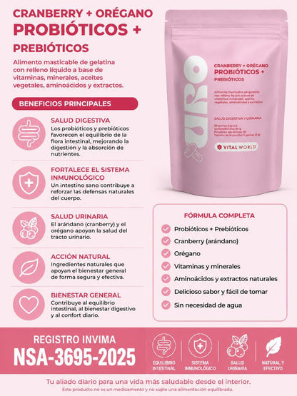 URO CRAMBERRY + OREGANO + PROBIOTICOS + PREBIOTICOS X90 CAPSULAS