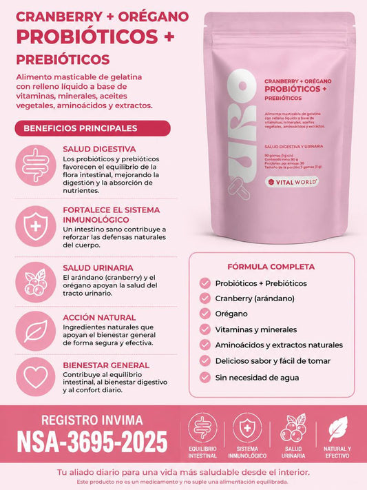 URO CRAMBERRY + OREGANO + PROBIOTICOS + PREBIOTICOS X90 CAPSULAS