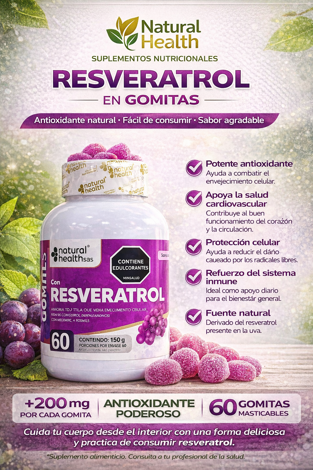 NATURAL HEALTH RESVERATROL *60 GOMITAS