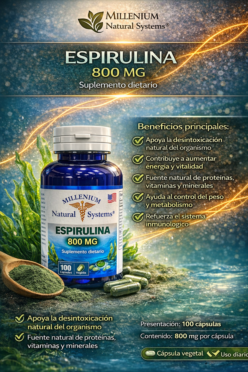 MILLENIUM NATURAL SYSTEM ESPIRULINA 800 MG *100 CAPSULAS